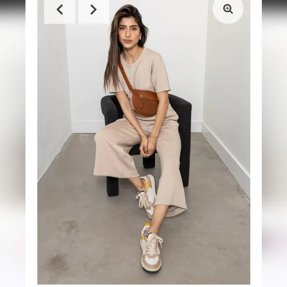 Spanx Aire Crop Wide Leg Jumpsuit Color Tahini - Picture 2 of 15